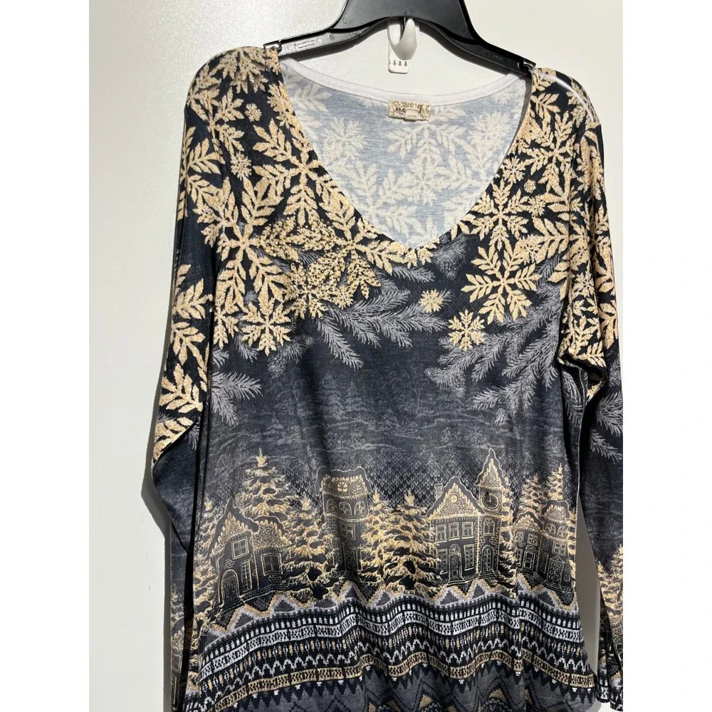 One World Winter Village Snowflake Gold Black V-Neck Long Sleeve Top‎ XXL